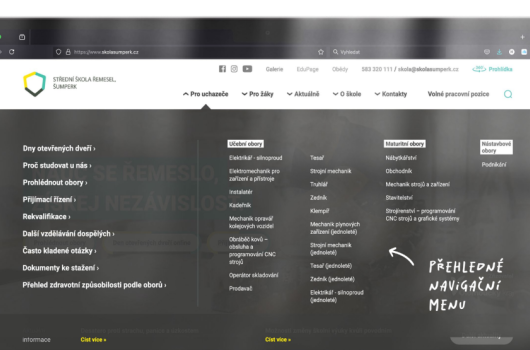 Web střední školy, přehledné řazení oborů v menu